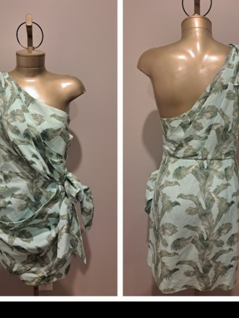 Significant Other Caroline Leaf Print Elegant One-Shoulder Green Dress